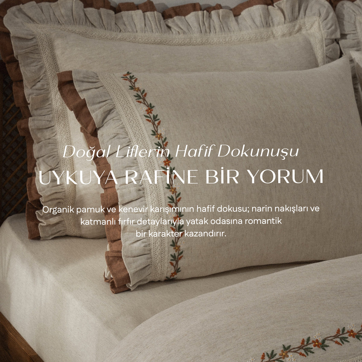 Maide Çift Kişilik Nevresim Takımı Organik Pamuk Kenevir Karışımlı Nakışlı Bej