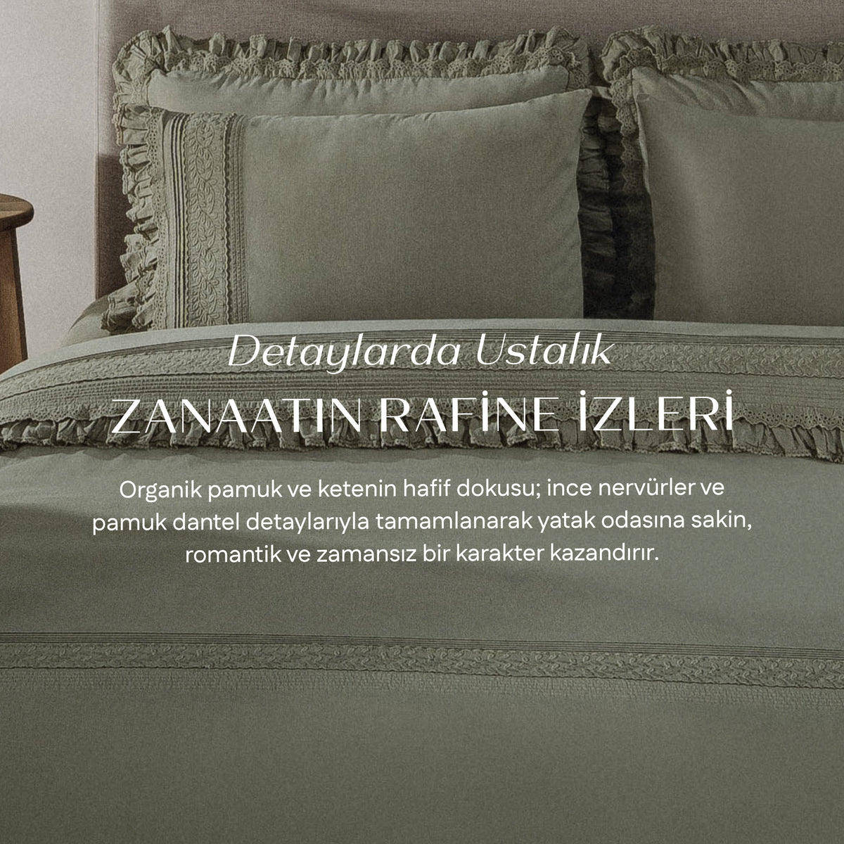 Adelya Çift Kişilik Nevresim Takımı Organik Pamuk Keten Brodeli Yeşil