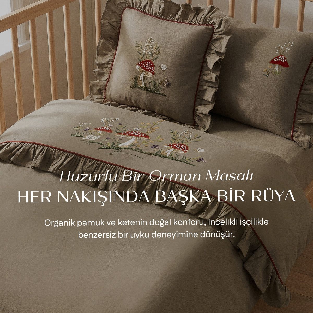 Meyra Bebek Nevresim Takımı Organik Pamuk Keten El Nakışlı Haki