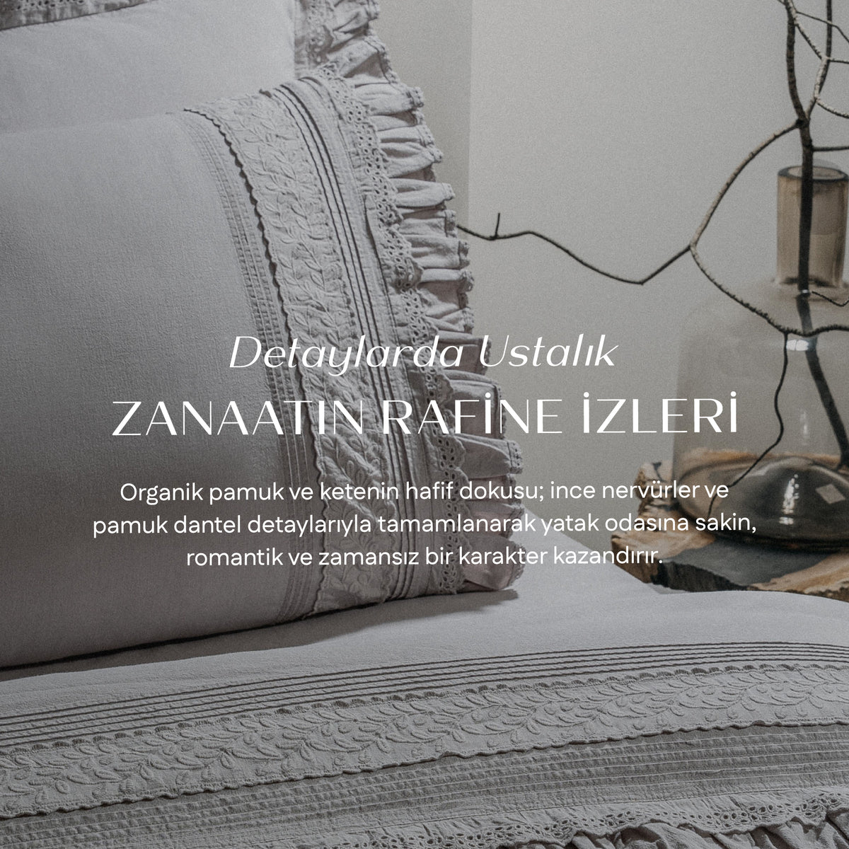 Adelya Çift Kişilik Nevresim Takımı Organik Pamuk Keten Brodeli Gri