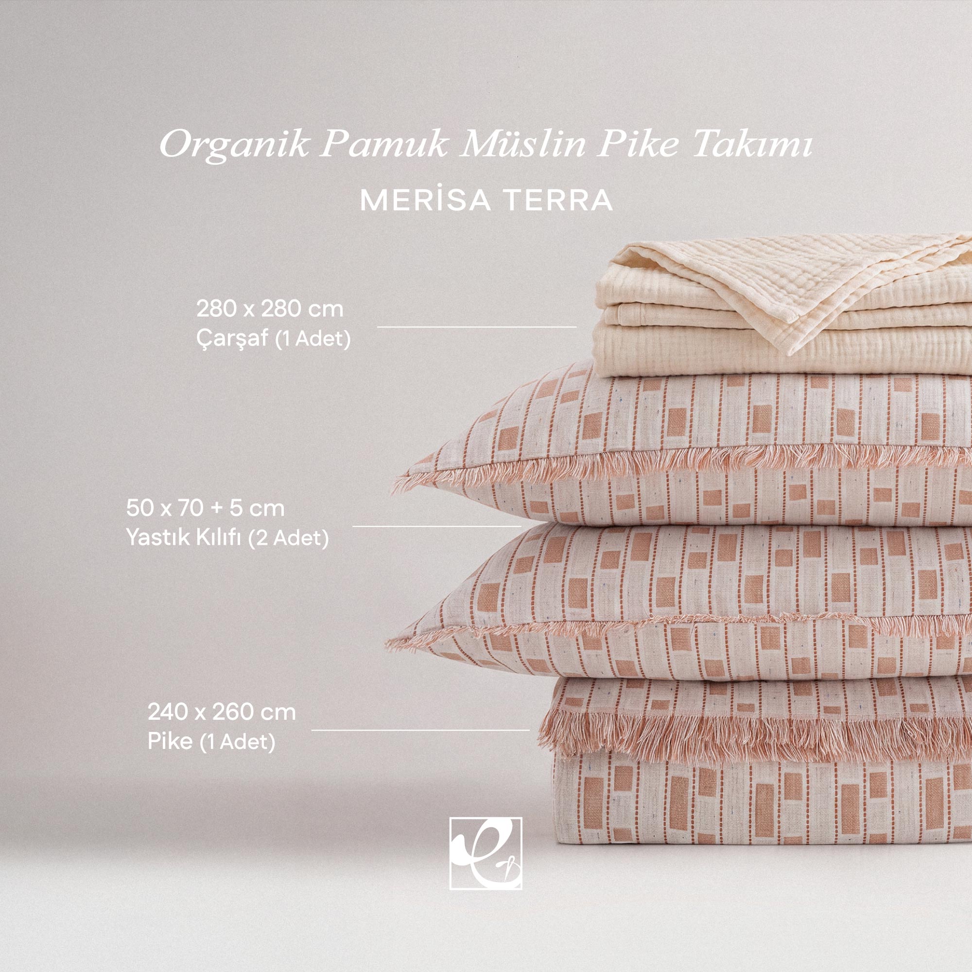 Merisa Çift Kişilik Pike Takımı Organik Pamuk Müslin Terra