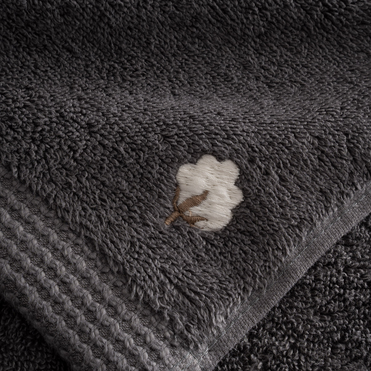 Pure Cotton Yüz Havlusu Organik Pamuk Kelebek Bordürlü Antrasit