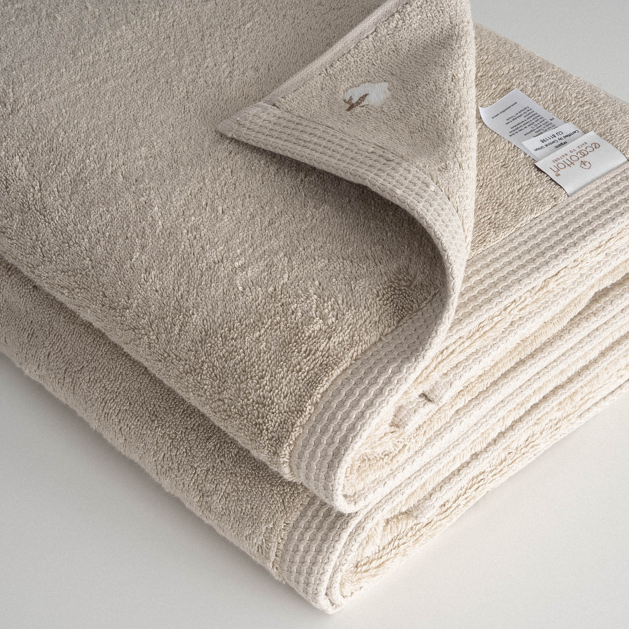 Pure Cotton 2 li Banyo Havlusu Seti Organik Pamuk Kelebek Bordürlü Bej