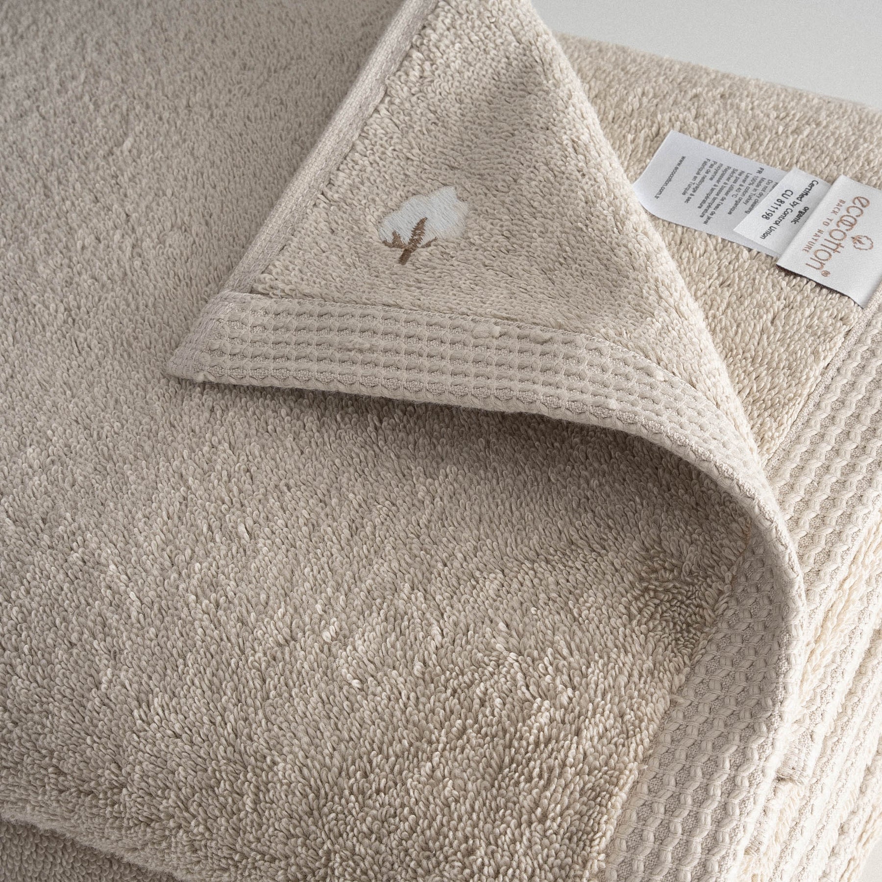 Pure Cotton 2 li Banyo Havlusu Seti Organik Pamuk Kelebek Bordürlü Bej