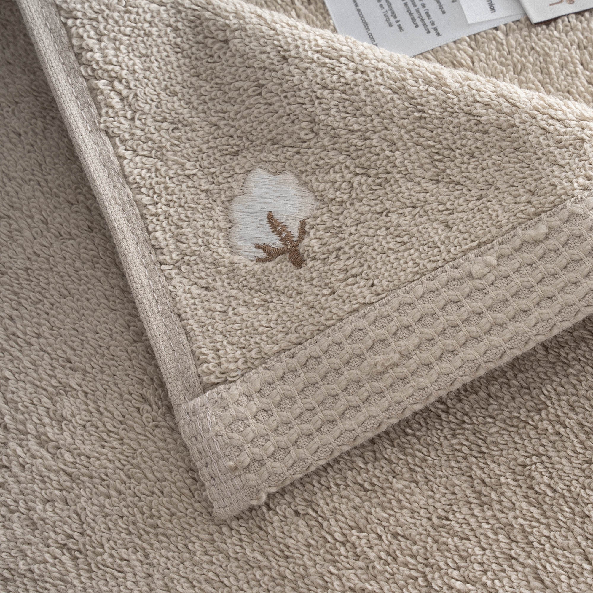 Pure Cotton 2 li Banyo Havlusu Seti Organik Pamuk Kelebek Bordürlü Bej